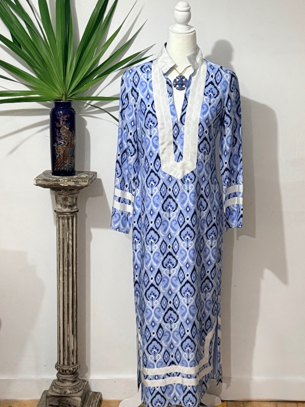 NWOT Sail to Sable Long Sleeve Classic Tunic Maxi Dress Blue Ikat SZ XS